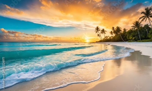 Palm trees on tropical beach with waves lapping at the shore during a golden sunset