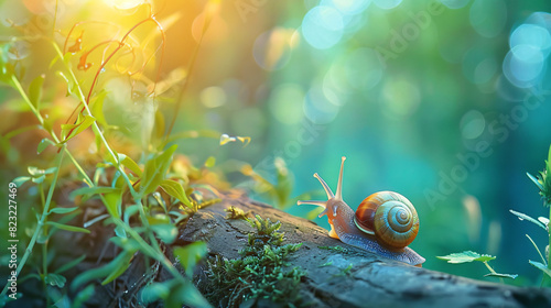 A snail in the forest in summer crawls through a log