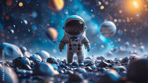 Sketch of a child in a spacesuit floating in outer space, surrounded by stars and planets
