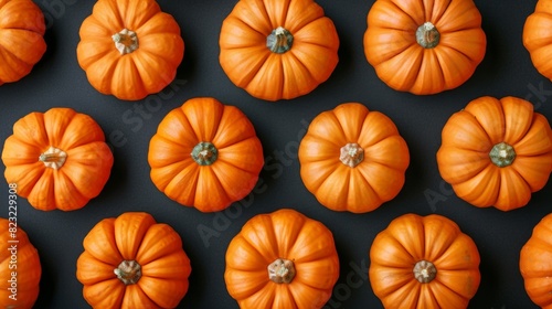 Top view of small, cute orange pumpkins arranged in a neat pattern on a dark background. Perfect for autumn, harvest, and Halloween themes.