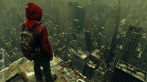Person in red hoodie overlooking a dystopian cityscape from a high vantage point, surrounded by fog and tall buildings.
