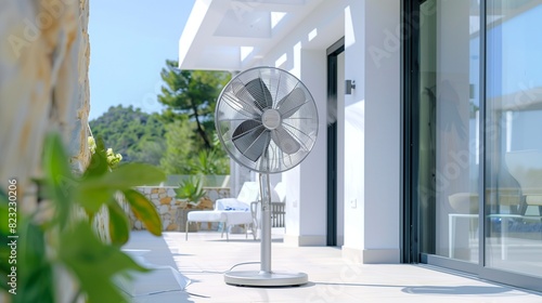 A large, outdoor pedestal fan with weather-resistant blades, positioned on a white terrace.