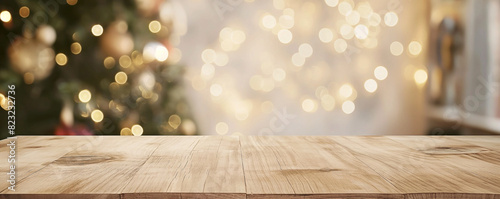 Empty wood table in christmas party with a blurred background, suitable for montage product display