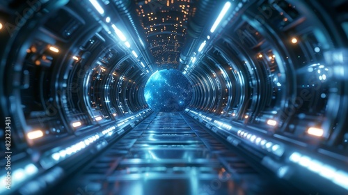 Futuristic sci-fi tunnel with glowing lights. Abstract technology background with vibrant orange and blue elements.