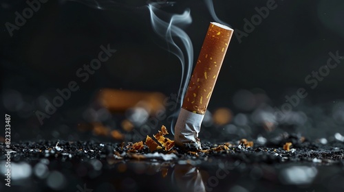A close up of a lit cigarette with smoke rising from it.