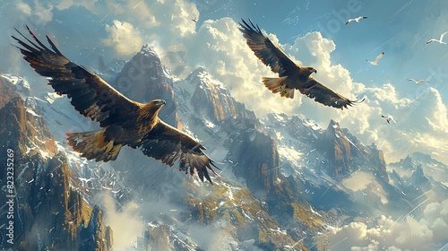 Atop rugged cliffs of the Isle of Skye a pair of golden eagles soars on thermals high above the rocky coastline