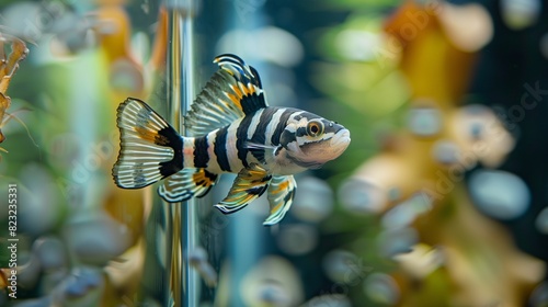A striking, black-and-white clown loach navigating through a glass labyrinth, its distinctive pattern standing out in the water.