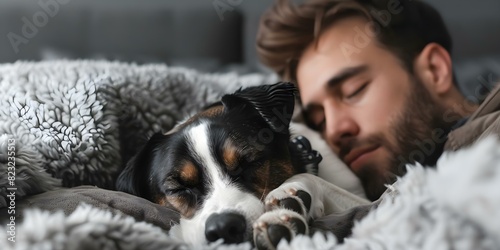 Man and dog snooze in cozy bed embodying pure comfort and companionship. Concept Pets, Relaxation, Comfort, Bonding, Cozy Moments