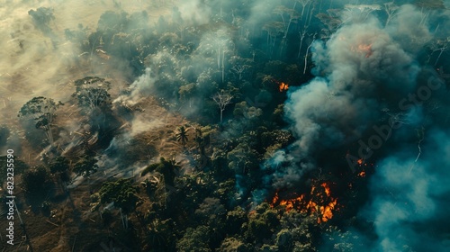 Flames and smoke billow into the sky from a raging wildfire in the Amazon rainforest.