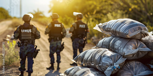 Police have disrupted a drug smuggling operation at the border. Concept for drug smuggling, border security, law enforcement, police operation, criminal investigation
