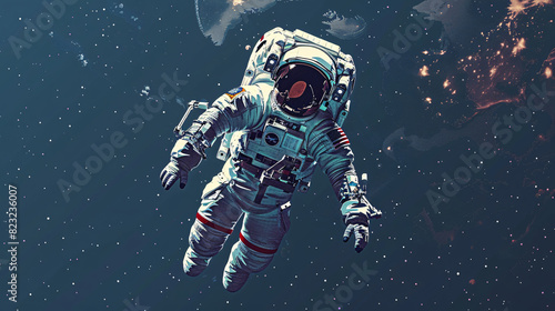 Vector art of a spaceman floating near a satellite, with Earth visible in the background