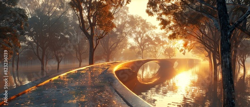 Scenic sunrise over a serene forest with a futuristic bridge and reflective water creating a tranquil and picturesque landscape.