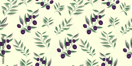 Abstract artistic branches with creative olive berries, shapes leaves scattered randomly on a seamless pattern. Pastel tiny leaf stems printing on a light background. Vector hand drawing sketch.