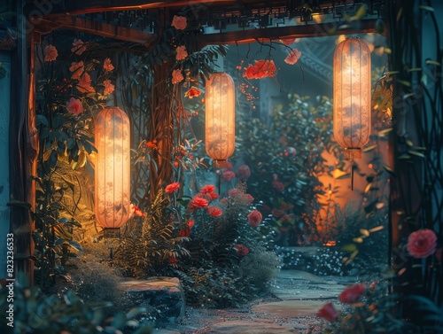 Enchanting garden with illuminated lanterns and vibrant flowers bathed in warm evening light, creating a magical and serene atmosphere.