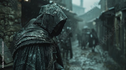 Medieval cloaked figure walking through a rainy, narrow alley in a historical village. Atmosphere is dark and mysterious.