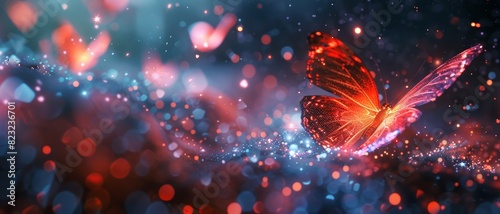 Magical vibrant butterfly in a dreamlike atmosphere with glowing lights, colorful bokeh, and ethereal heart shapes, capturing fantasy and wonder.