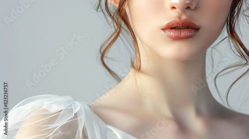 a close-up of a woman's face wearing white dress and makeup