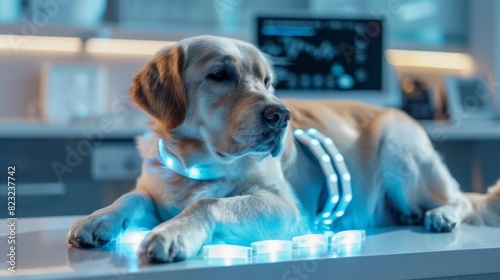 A futuristic pet wearing a hightech collar receives a microdose of medication to manage a chronic health condition automatically dispensed throughout the day.