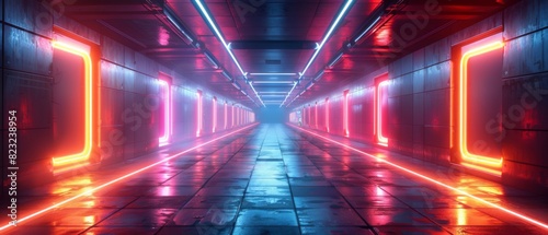Abstract technology background. The neon lights cast intricate patterns on the walls of the tunnel like ancient runes waiting to be deciphered.