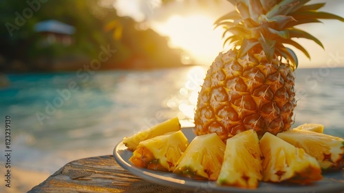 A pineapple is on a plate next to a body of water