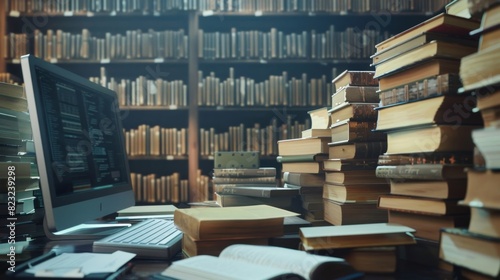 Thick volumes of historical texts stack up beside a desktop computer as an AI program processes the information and presents it in an organized manner for researchers to analyze.