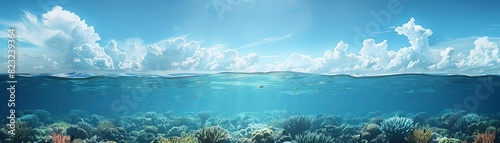Blue sea sky coral reef below flat design front view underwater beauty theme 3D render Triadic Color Scheme