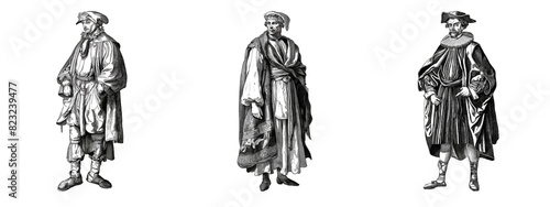 Three detailed vintage engravings of European men in historical clothing, isolated on a transparent background, suitable for educational content and historical retrospectives