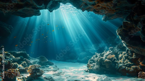 Serene Underwater Cave Illuminated by Radiant Sunbeams Revealing Vibrant Marine Ecosystems
