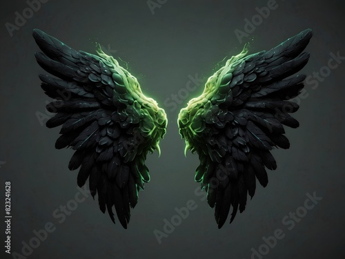 Beautiful magic angel wings spread wide in the dark background. 3D illustration of black and green fantasy wings