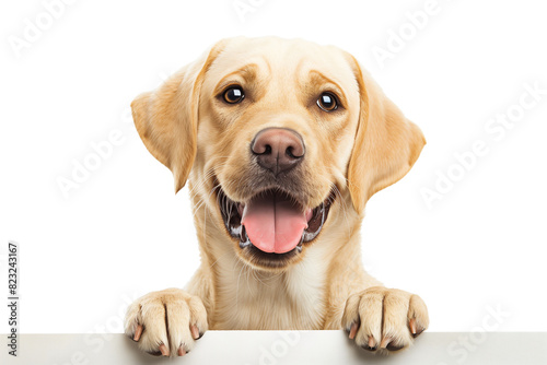 Friendly golden Labrador retriever peeking over edge, isolated on transparent background, ideal for pet care and National Dog Day promotions