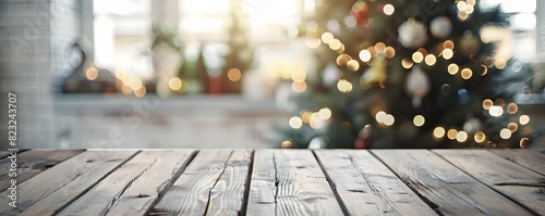 Wooden Table with Christmas Tree Bokeh Background in Room