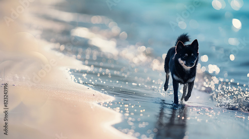 爽やかな日差しの中、海の波打ち際を黒い犬が散歩している