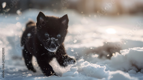 黒い小さい犬が雪で遊んでいる様子