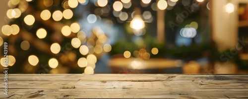 Empty Wooden Table with Blurred Christmas Tree Background