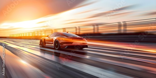 Race car speeding with motion blur as it crosses finish line on asphalt track. Concept Sports Photography, Action Shots, Motion Blur, Racing Events, Automotive Photography
