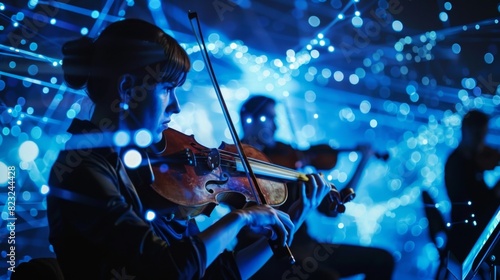 A holographic orchestra plays alongside the actors creating a harmonious blend of live music and digital imagery.