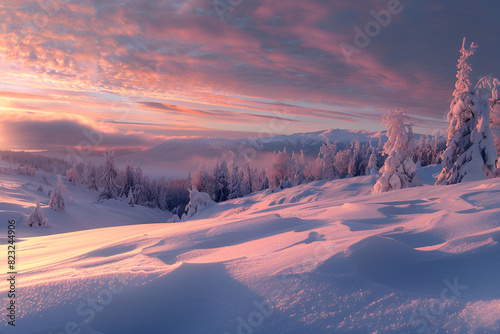 Zimowy pejzaż górski o wschodzie słońca z różowymi chmurami