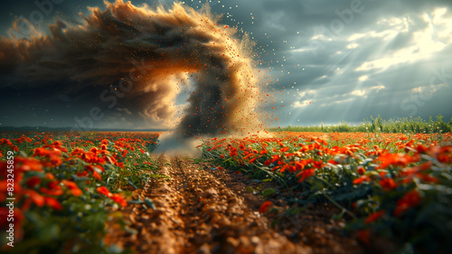 A tornado is blowing through a field of red flowers