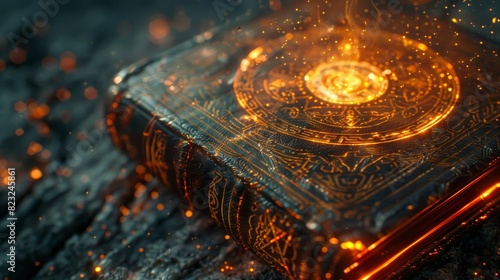 Ancient mystical book with glowing golden symbols on rustic wooden surface, representing fantasy, magic, and the unknown.