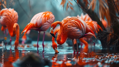 Elegant Display: A Group of Flamingos Wading Gracefully in Shallow Waters
