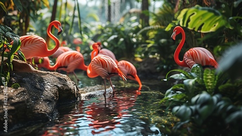 Elegant Display: A Group of Flamingos Wading Gracefully in Shallow Waters