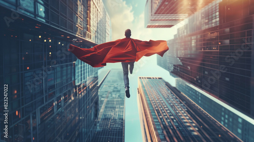 A businessman in a superhero cape flies between skyscrapers in a world full of adrenaline and opportunity. His figure symbolizes determination and readiness to overcome obstacles