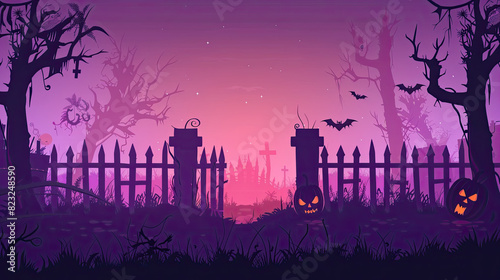 Halloween graveyard fence silhouette background, vector spooky cartoon cemetery landscape