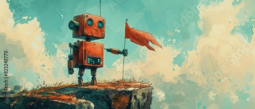 A whimsical robot stands on a cliff with a red flag in hand against a vibrant sky backdrop, representing adventure and exploration.