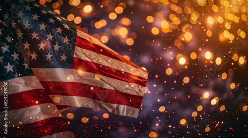 American Flag Waving in Glowing Bokeh Lights Background. 4th of July, Independence Day, Memorial Day