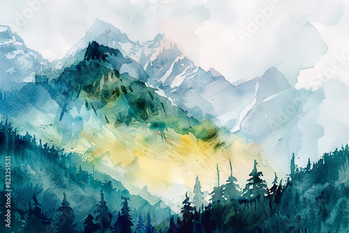 Watercolor abstract landscape featuring a mountain 