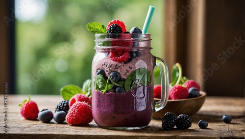 Vibrant Mixed Berry Smoothie in a Mason Jar with Fresh Fruit Garnish
