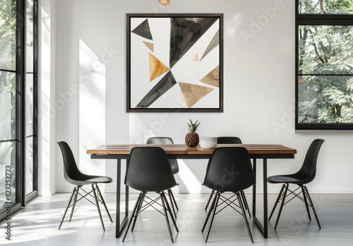 A dining table with black chairs and an art piece on the wall, featuring geometric shapes in white walls