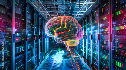 A brain suspended in the middle of the server room. Concept of artificial intelligence and machine learning.