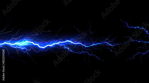 Lightning, electric thunderbolt strike of blue color isolated on black background